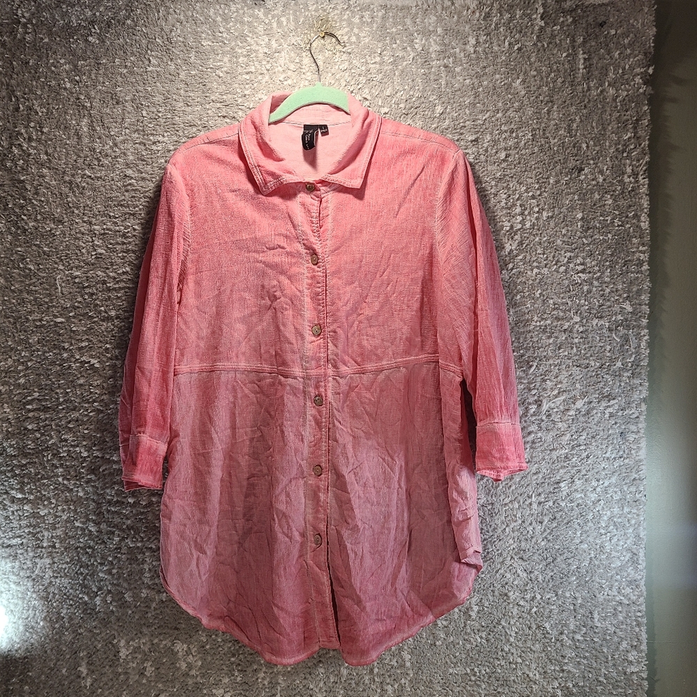 Focus Casual Life Dyed Pink Button Up Round Hem 3/4 Sleeve Cotton Tunic‎ Large